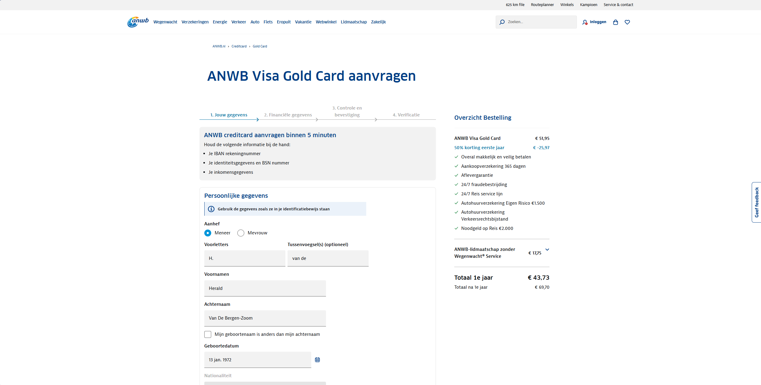 ANWB Webformulier Creditcard Aanvragen