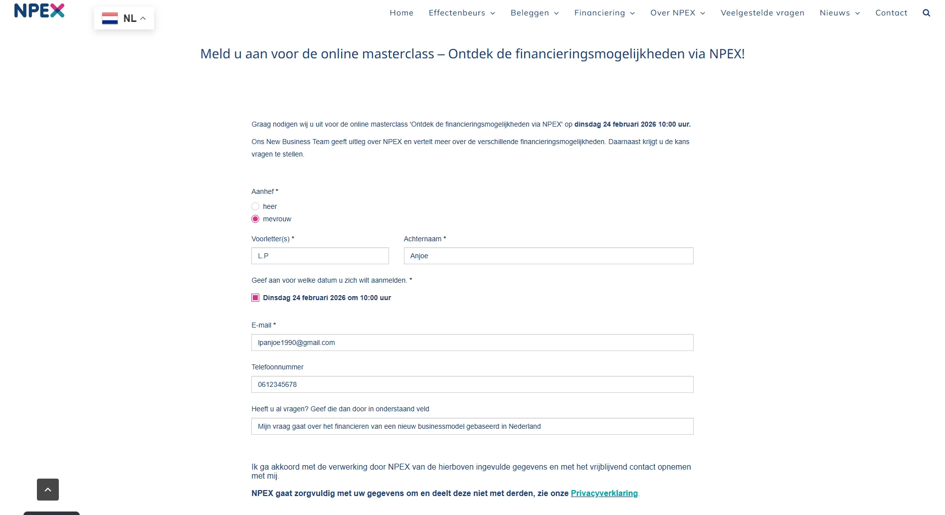 Formulier Voor Masterclass En Financiering