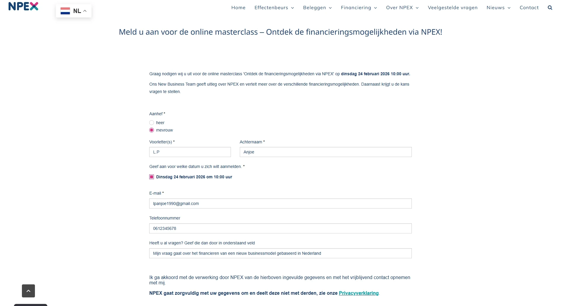 Formulier Voor Masterclass En Financiering