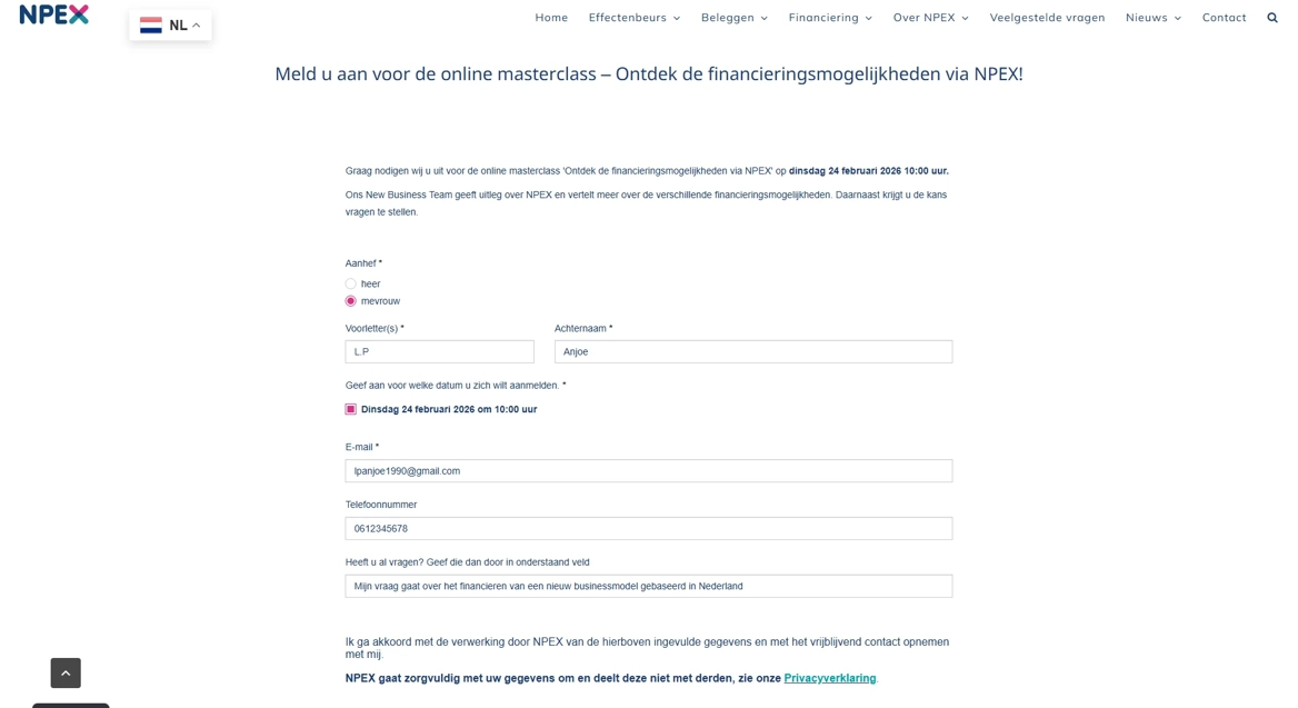 Formulier Voor Masterclass En Financiering